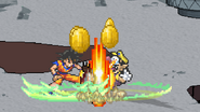 Fire Mario using Flaming Jump Punch to attack Goku and Wario.