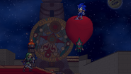 Sonic on Tingle's Balloon, while Link stands.