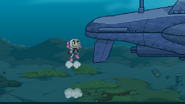 Bomberman uses Jetpack to reach the ledge, on Steel Diver.