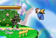 Black Mage using a Cucco to hover while Link stands idle on Dream Land.