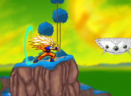 Goku transforming into a SSJ3 when he launches a True Kamehameha.
