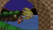 Super Sonic soaring in the air, on Green Hill Zone.