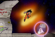 Goku floating over Zelda as she is shielding.