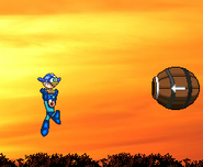 Mega Man using Beat Call near the barrel cannon.