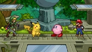 Mario, Link, Kirby, and Pikachu standing on Battlefield.