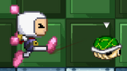 Bomberman kicking a Green Shell.