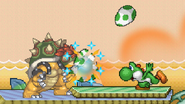 Yoshi throwing eggs at Bowser.