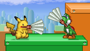 Pikachu and Yoshi with Fans on Mushroom Kingdom III.
