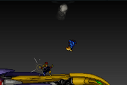 Captain Falcon about to launch Black Mage with the Falcon Punch, after he is falling.