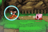 Goku charging the Kamehameha and Kirby using Inhale on Hylian Skies.