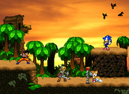 Goku and Link standing while Tails uses his up smash (pointing at Rambi's crate) and Sonic taunts.