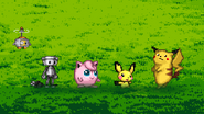Pikachu, Pichu, Jigglypuff, and Chibi-Robo standing on the grass.