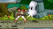Ryu performing the third hit of his neutral attack against Sandbag on Battlefield.