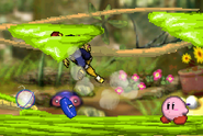 Captain Falcon getting knocked away by Kirby.