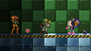 Bomberman, Link, and Samus with their own bombs.