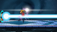 Goku performing a Kamehameha on Zero Suit Samus.