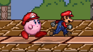 Mario and Kirby walking on Mushroom Kingdom.