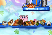 Kirby surrounded by lots of food in Rainbow Route.