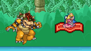 Pidgit carrying a crouching Peach, while Bowser is jumping behind her.