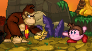 Donkey Kong taunting near Kirby, who is using Giant Punch, on Jungle Hijinx.