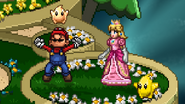 Mario using Mario Tornado with Baby Luma next to Peach, who is idling.