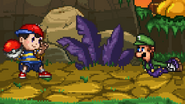 Ness about to throw a Poké Ball at Luigi while taunting on Jungle Hijinx.