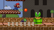 Mario using his Fireball while Luigi crouches near a Piranha Plant. Note how the Plant was green, instead of red.