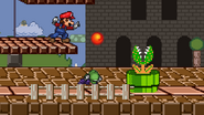 Mario using Fireball while Luigi crouches near Piranha Plant, on Mushroom Kingdom. Note how the Plant was green, instead of red.