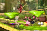 Captain Falcon using Falcon Dive on Kirby with Fox tumbling and Samus in a helpless state.