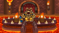 Bowser sitting and laughing on his throne next to .