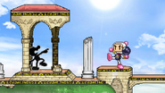 Bomberman holding a bomb while Mr. Game & Watch points at him on Temple.