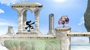 Mr. Game & Watch taunting at Bomberman holding a Bomb on Temple.