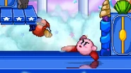 Kirby hitting Bandana Dee with his forward smash on Rainbow Route.