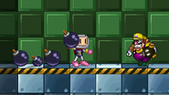 Wario holding a Bob-omb while Bomberman using Bomb on Bomb Factory.