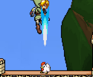 Link using his down aerial to hit a Cucco.