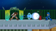 Pit using Guardian Orbitars to reflect Mega Man's Mega Buster on Skull Fortress.