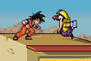 Goku doing his side taunt and Wario using Chomp on Hidden Leaf Village.