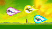 Vegeta, Trunks, and Son Gohan fly through the stage.