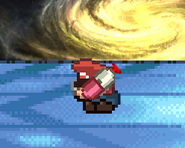 Mario crouching while holding a Capsule, on Final Destination.