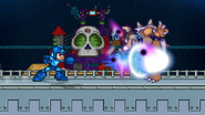 Mega Man shooting fully charged Mega Buster at Bowser on Skull Fortress.