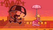 Mr. Game & Watch using Fire while Peach uses Peach Parasol on Twilight Town.