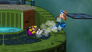 Wario hitting Lloyd and Mega Man with his forward smash on Tower of Salvation.