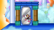 Bomberman entering the mirror and vanishing.