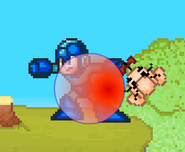 Mega Man uses shield while holding Mr. Saturn.