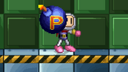 Bomberman holding a fully charged P-bomb.