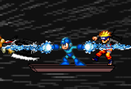 Mega Man using his down smash to attack Ichigo and Naruto on Galaxy Tours.