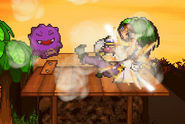 Koffing releasing smoke while Wario uses his forward air on Zelda.