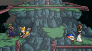 Luigi, Tails, Zelda, and Bandana Dee are in the ledges before the acid rain comes out.