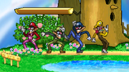 Four differently-colored Waluigis taunting on Dream Land.