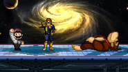 Fire Mario and Captain Falcon taunting while Donkey Kong is knocked down on Final Destination.